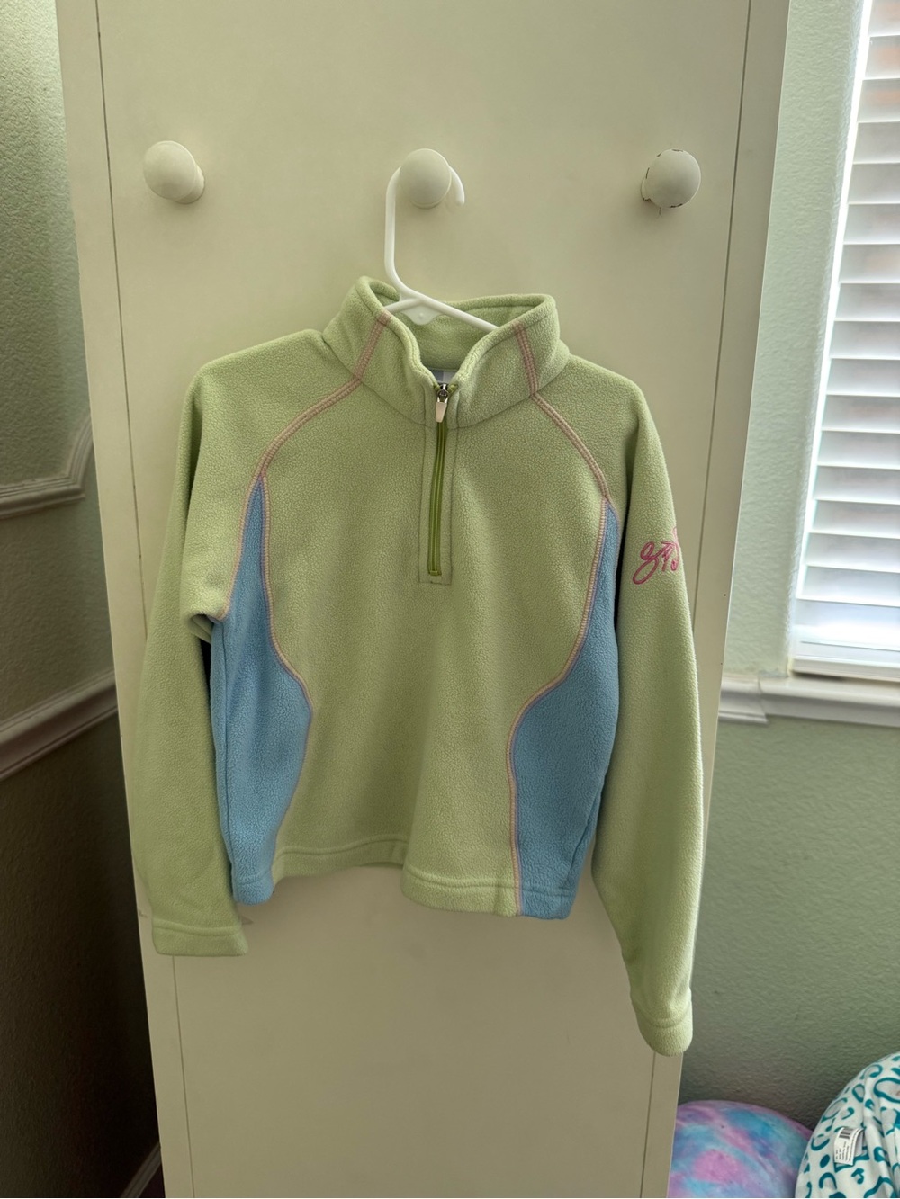 Spyder Kids Light Green Fleece Half-Zip with Blue Panels and Pink Stitching